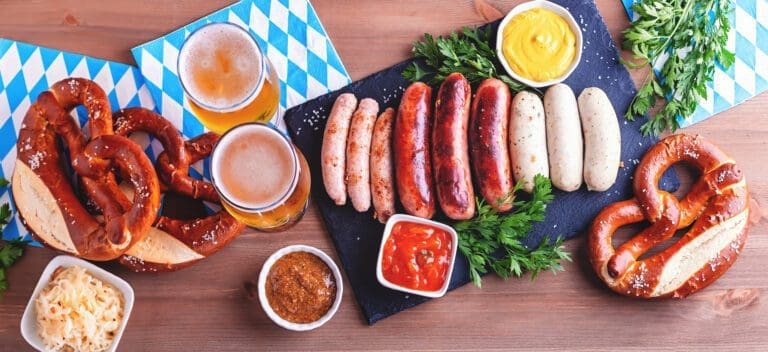 Octoberfest with typical German food like Bratwurst, Sauerkraut and Pretzels