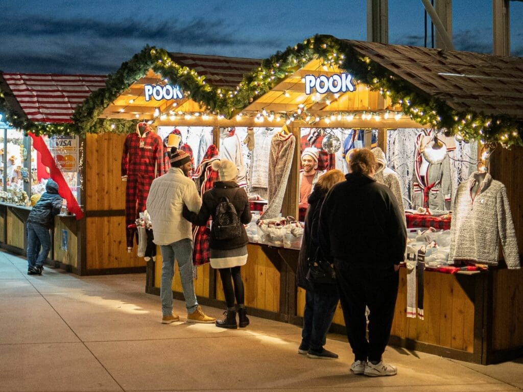 Vendor booths at the Christkindlmarket Aurora.