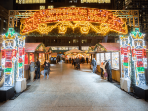 The Christkindlmarket entrance at night