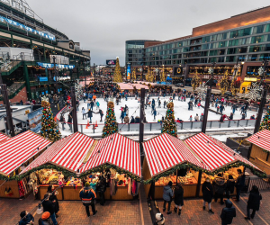 Visitors ice skating at the ice rink at the Christkindlmarket in Wrigleyville.